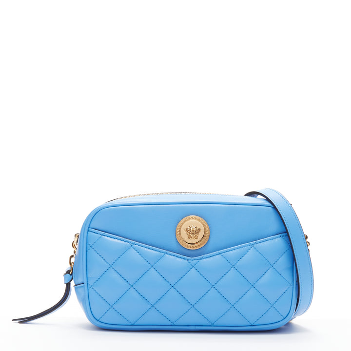 VERSACE blue lambskin leather quilted gold Medusa chain crossbody bag Small