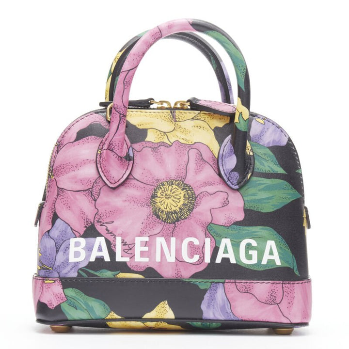 BALENCIAGA Ville XXS black floral logo print top handle crossbody bag