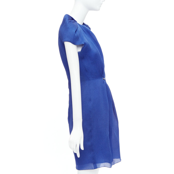 LANVIN 2009 100% silk blue asymmetric bow knot hook drape dress FR36 S