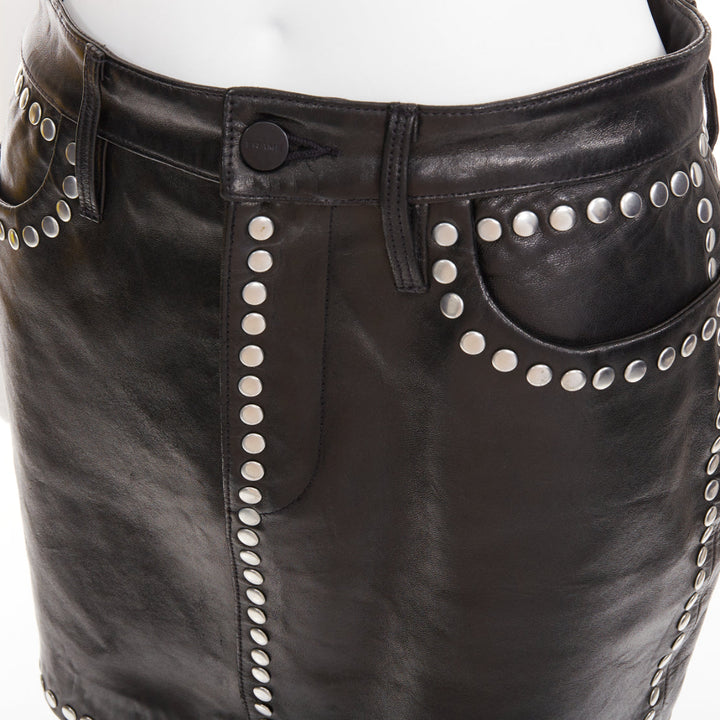 FRAME black lambskin leather silver studded high waist mini skirt 25"