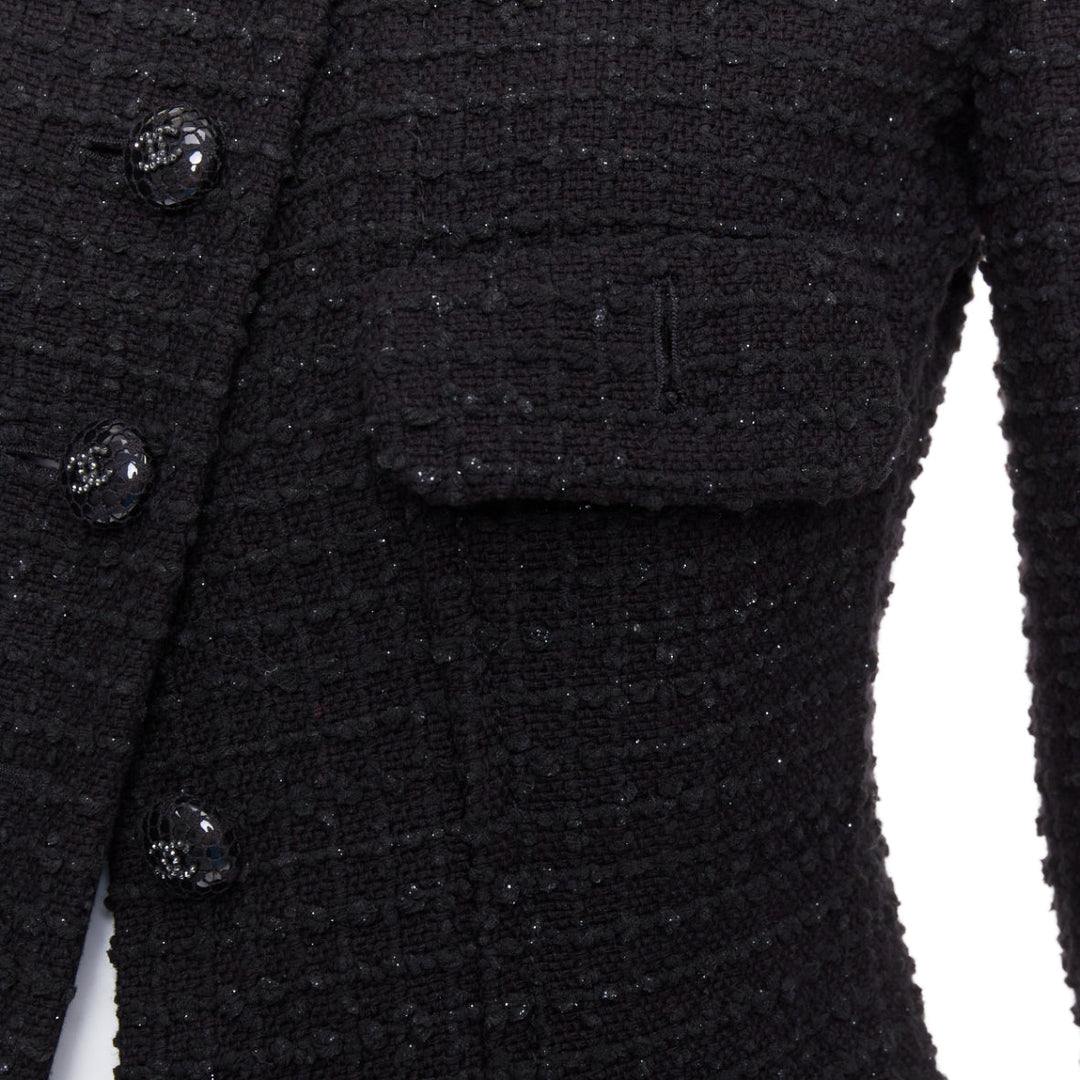 CHANEL 22C Runway black tweed fringe trim 4 pocket long jacket FR36 S