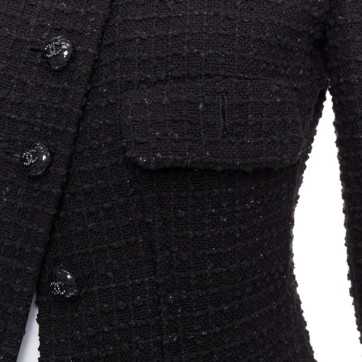 CHANEL 22C Runway black tweed fringe trim 4 pocket long jacket FR36 S
