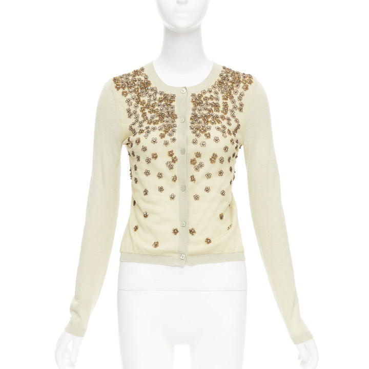 VALENTINO beige cashmere silk bead embellished crop cardigan M