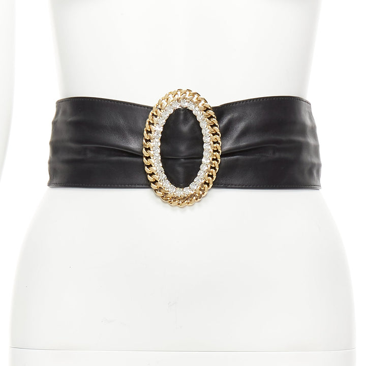 ALESSANDRA RICH rhinestone crystal gold chain oval buckle black leather belt S