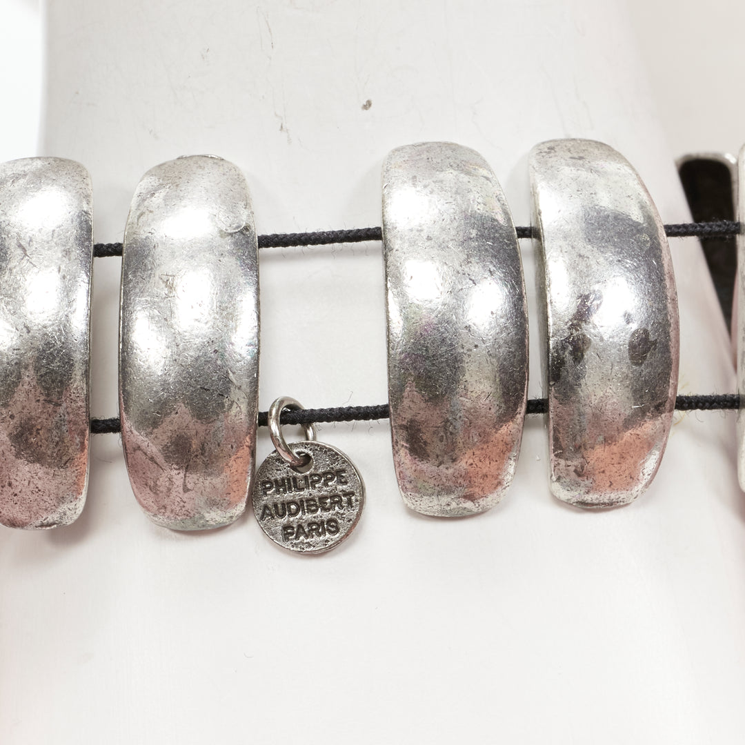 PHILLIPE AUDIBERT antique silver logo plate cuff elastic bracelet