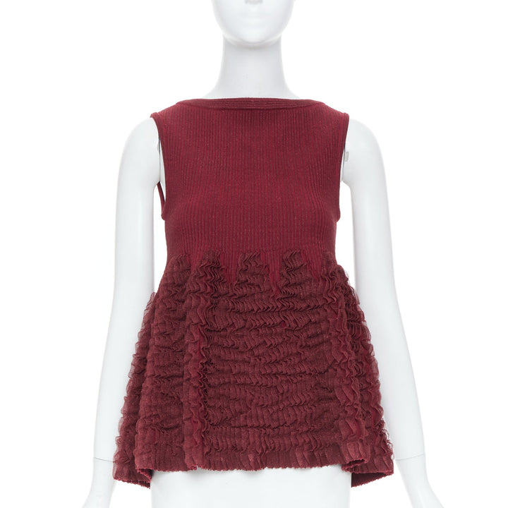 ALAIA burgundy ribbed tiered ruffle wool blend peplum top FR36 S