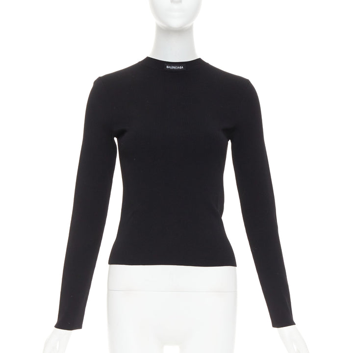BALENCIAGA Demna 2021 black logo collar long sleeve crew neck pullover top S