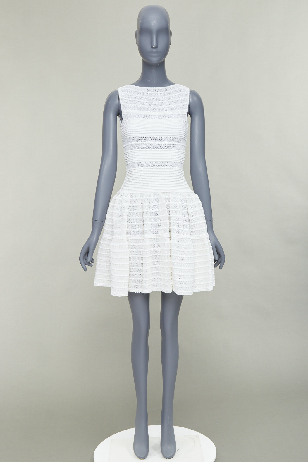 ALAIA cream viscose blend horizontal tiered knit fit flare mini dress FR36 S