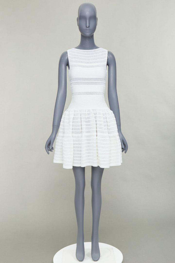 ALAIA cream viscose blend horizontal tiered knit fit flare mini dress FR36 S