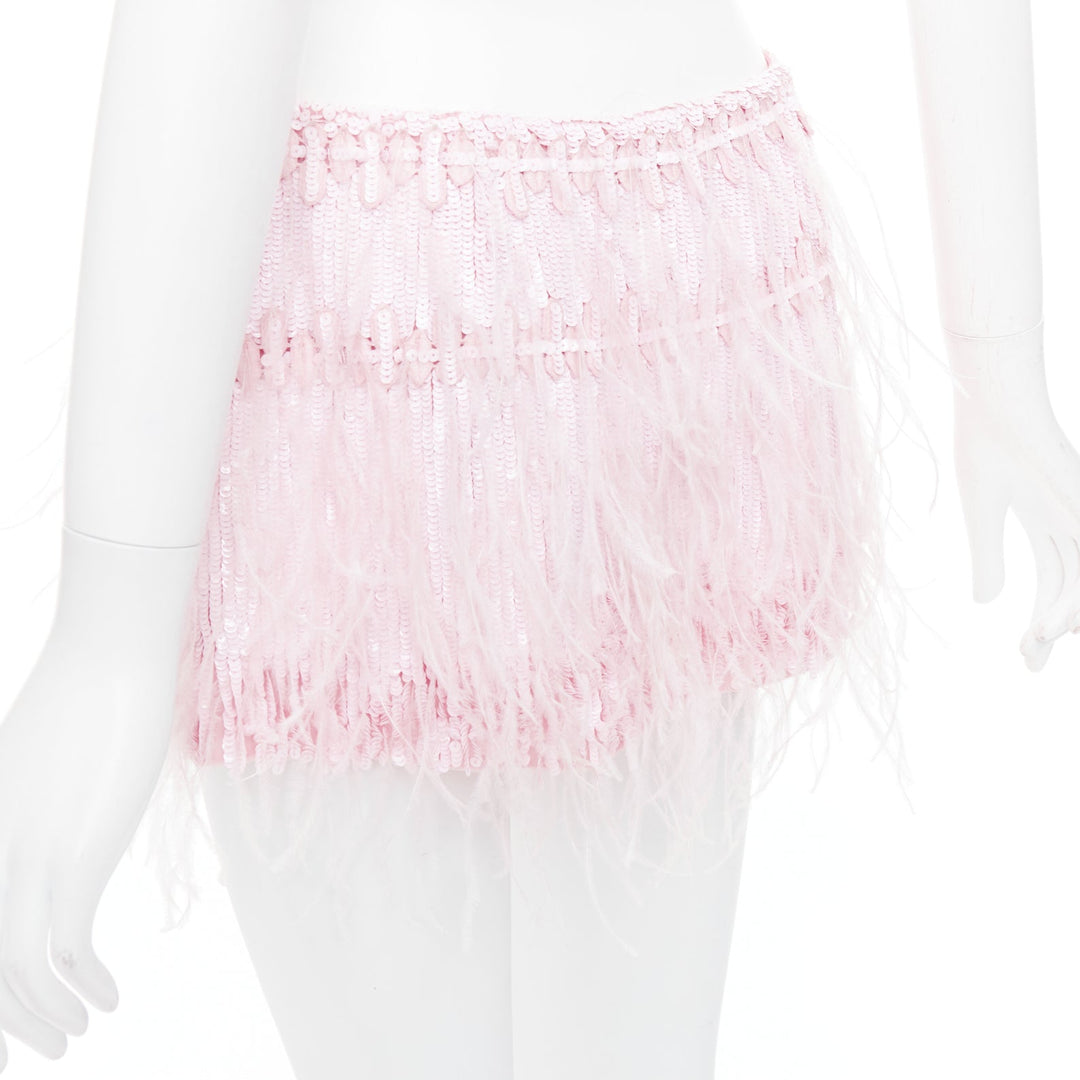 VALENTINO 2023 baby pink silk sequin ostrich feather mini skirt IT40 S