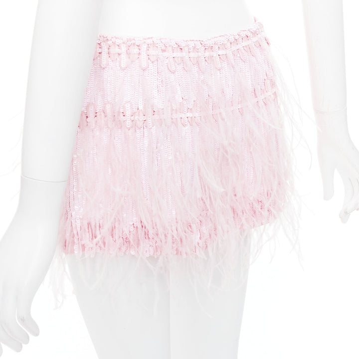 VALENTINO 2023 baby pink silk sequin ostrich feather mini skirt IT40 S