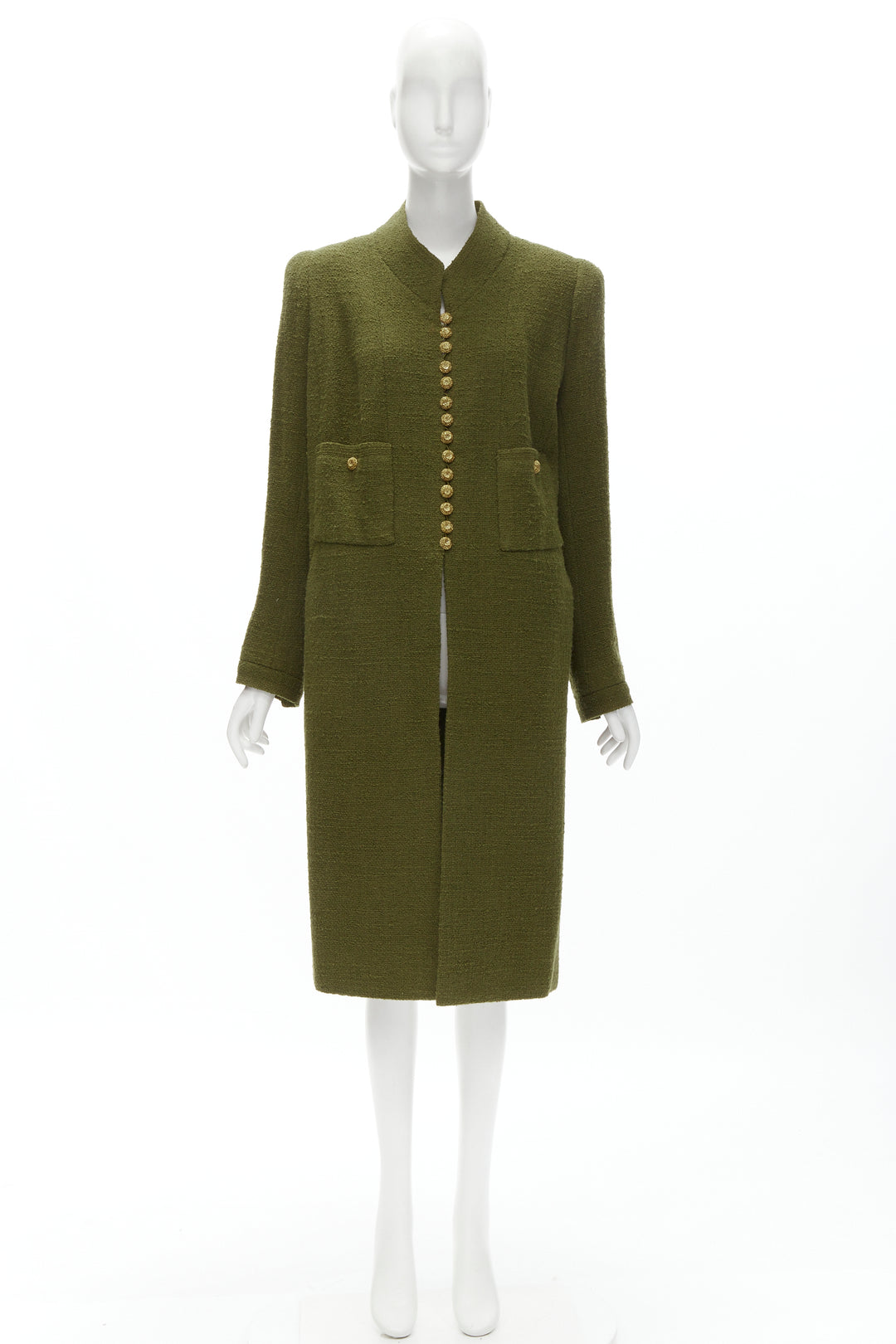 CHANEL COUTURE 96A green tweed gold filigree floral button long coat US6 M