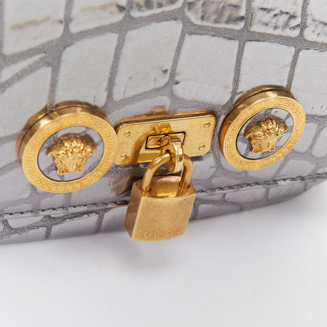 VERSACE 2018 Icon Medusa padlock metallic silver scaled leather crossbody bag