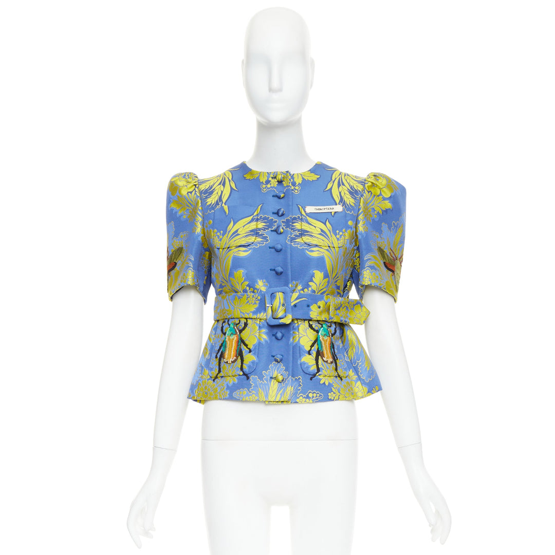 rare GUCCI 2017 blue yellow beetle embroidery floral jacquard belt jacket IT40 S