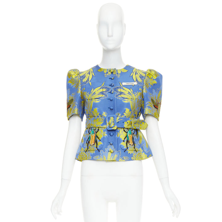rare GUCCI 2017 blue yellow beetle embroidery floral jacquard belt jacket IT40 S