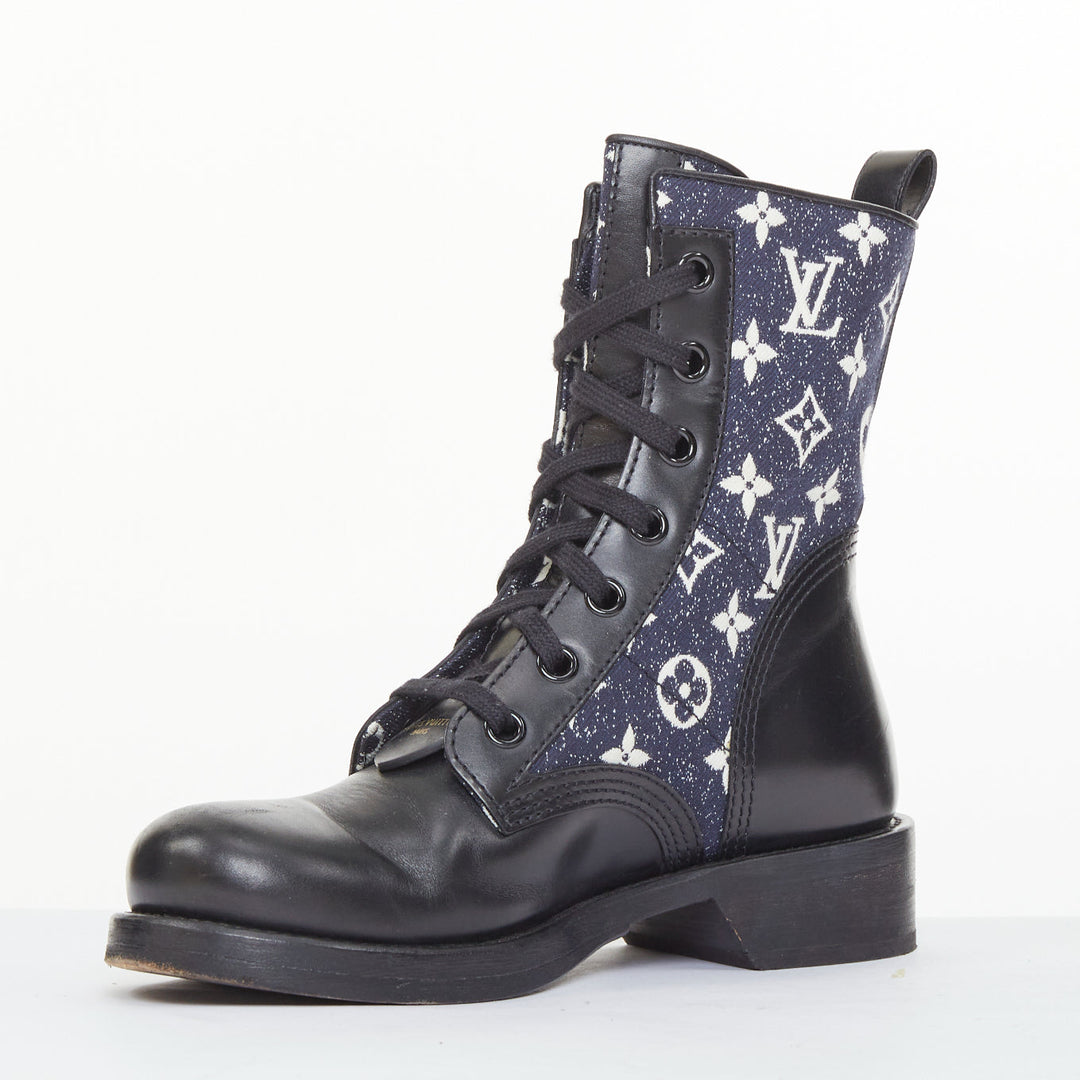 LOUIS VUITTON Metropolis Denim Monogram Flat Ranger combat boots EU38 US8