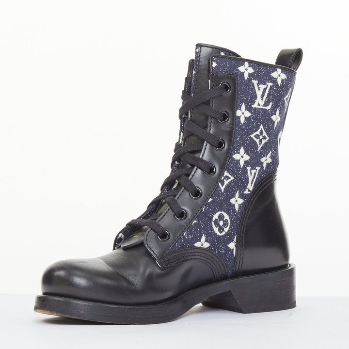 LOUIS VUITTON Metropolis Denim Monogram Flat Ranger combat boots EU38 US8