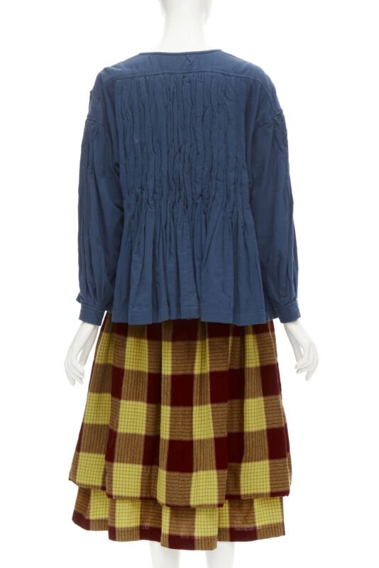 COMME DES GARCONS 1980's Vintage blue shirred stitch top layered checked skirt M
