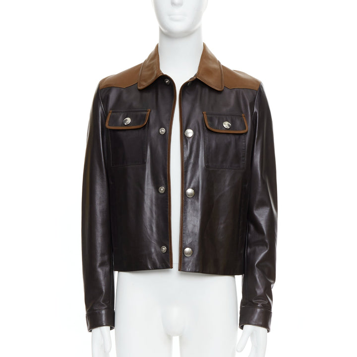 PRADA 2014 Runway brown tan bicolor lambskin pocket cropped jacket IT48 M