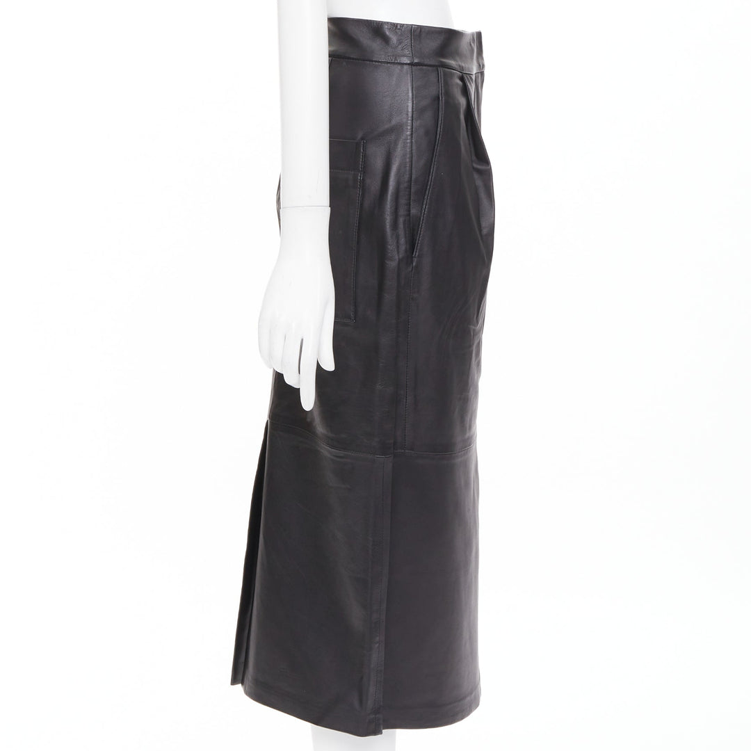 TIBI black lambskin leather pleated front panelled back slit midi skirt US00 XXS