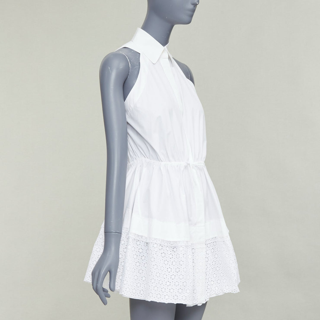 ALAIA white cotton floral eyelet drawstring tie waist tiered shirt dress FR36 S