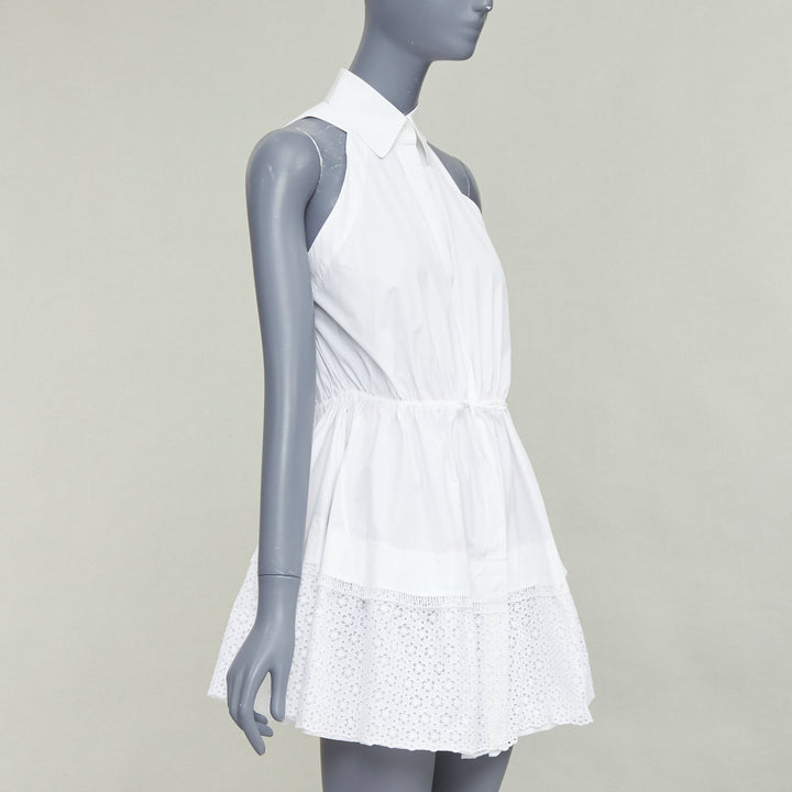ALAIA white cotton floral eyelet drawstring tie waist tiered shirt dress FR36 S
