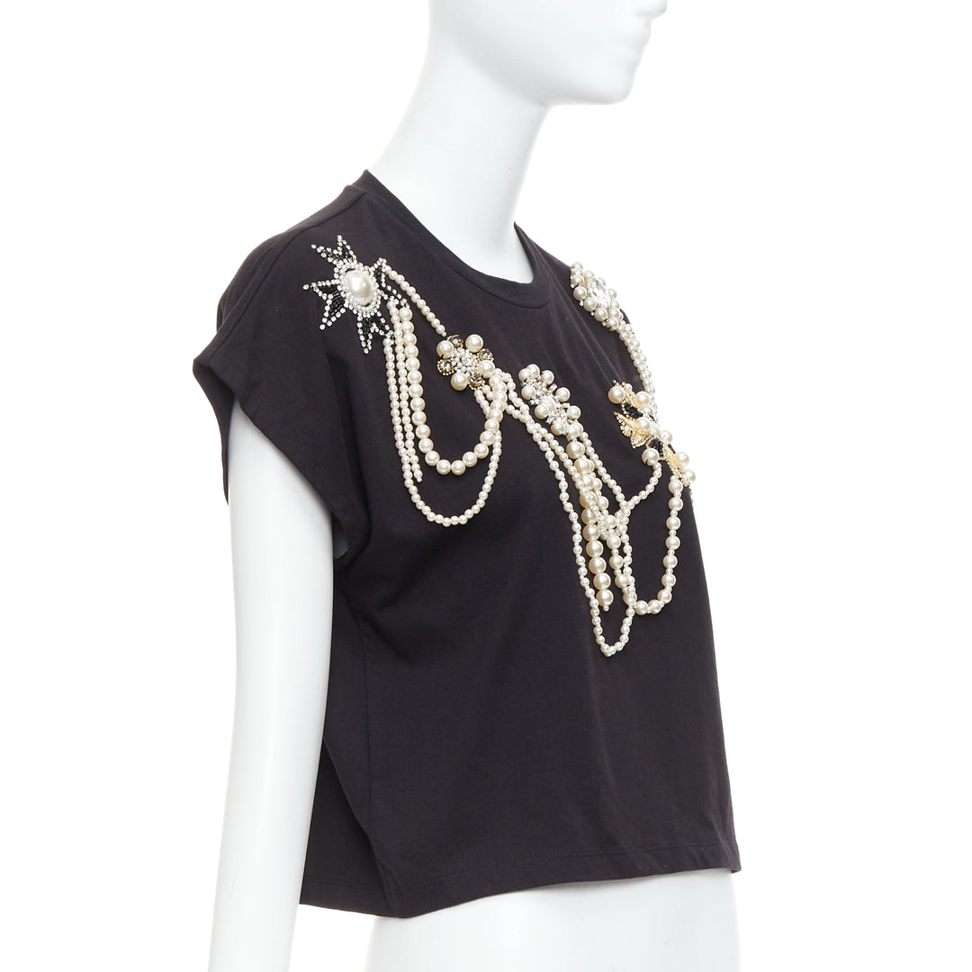 BALMAIN black cotton pearl bead embellished crop tshirt XS