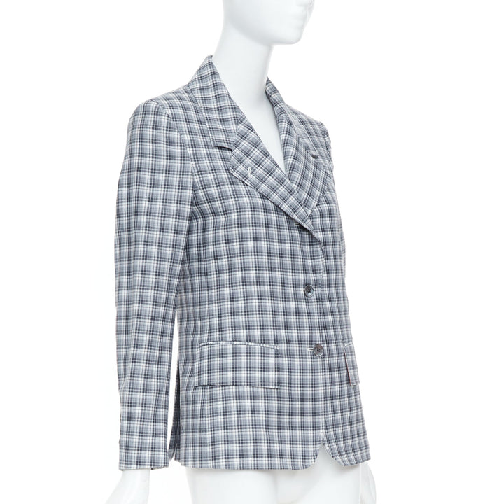 THOM BROWNE grey navy plaid wool multicolor silk lined tailoring blazer IT40 S