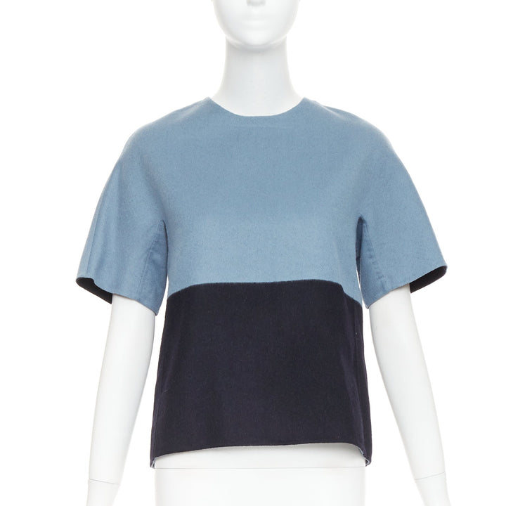 THE ROW bicolor blue black wool cashmere crew neck half sleeve top US0 XS