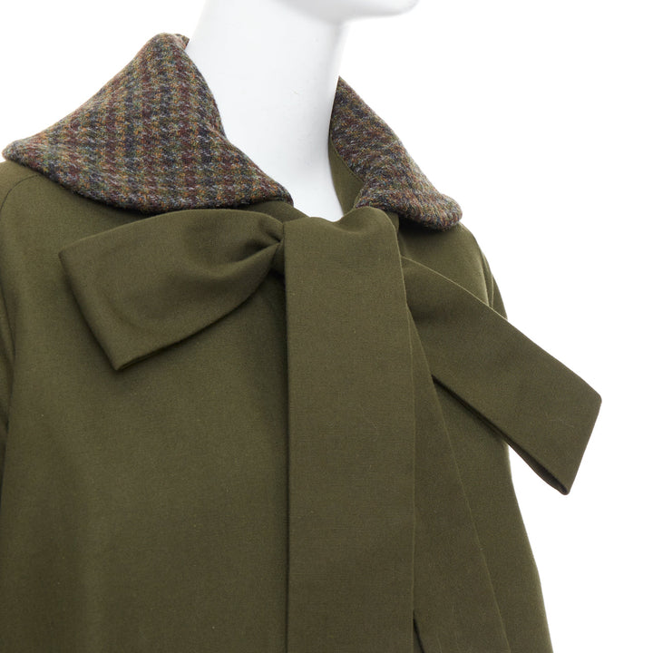 LOEWE khaki green cotton tweed collar bow neck swing coat FR34 XS