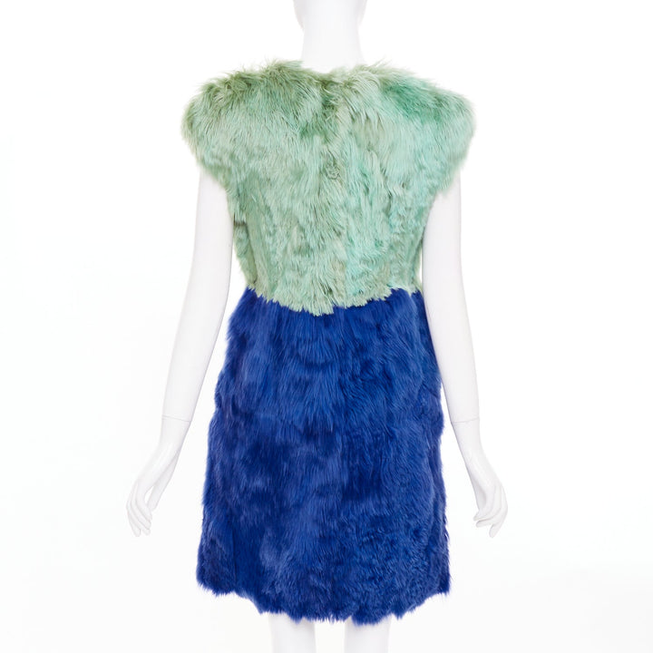 DOLCE GABBANA 2014 Runway colorblock green navy blue alpaca fur dress IT40 S