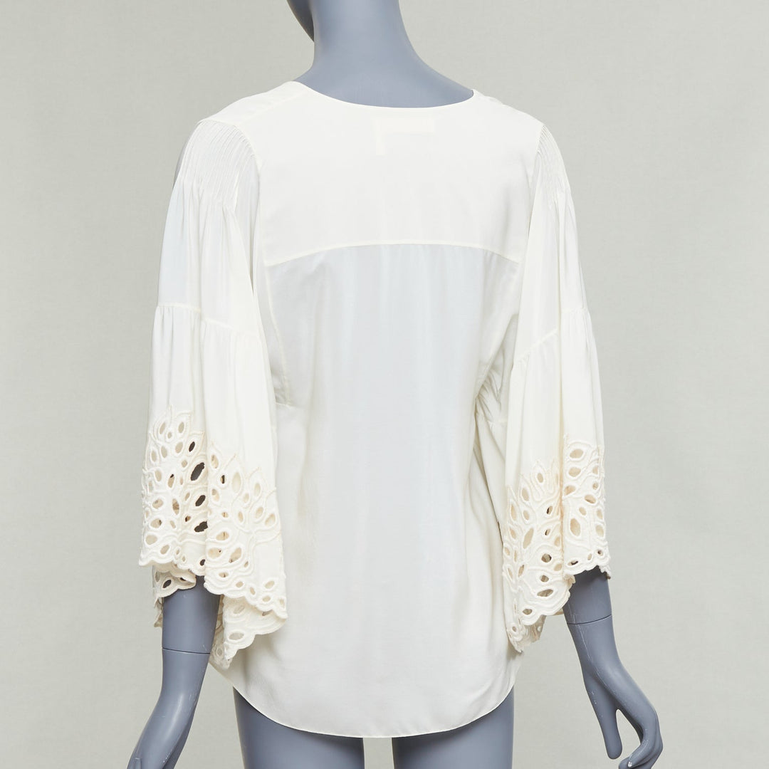 CHLOE milk cream 100% silk cotton lace eyelet trim peasant blouse FR34 XS