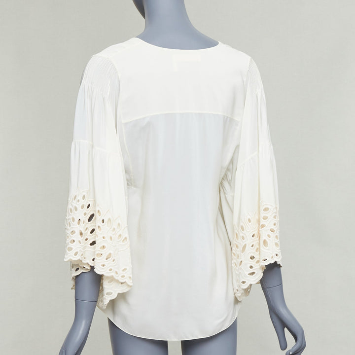 CHLOE milk cream 100% silk cotton lace eyelet trim peasant blouse FR34 XS
