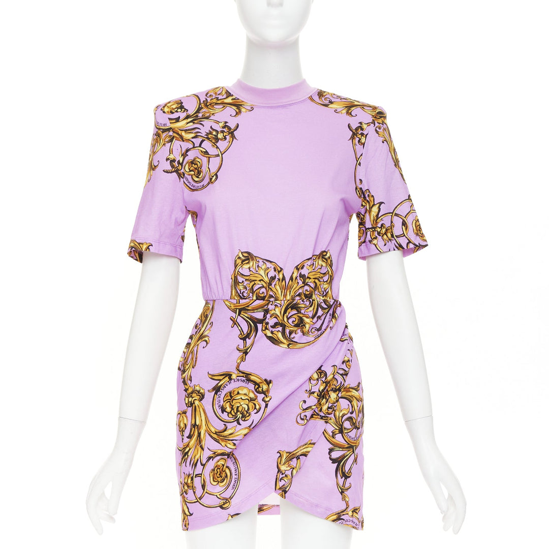 VERSACE JEANS COUTURE 2022 lilac gold baroque padded shoulder wrap dress IT36