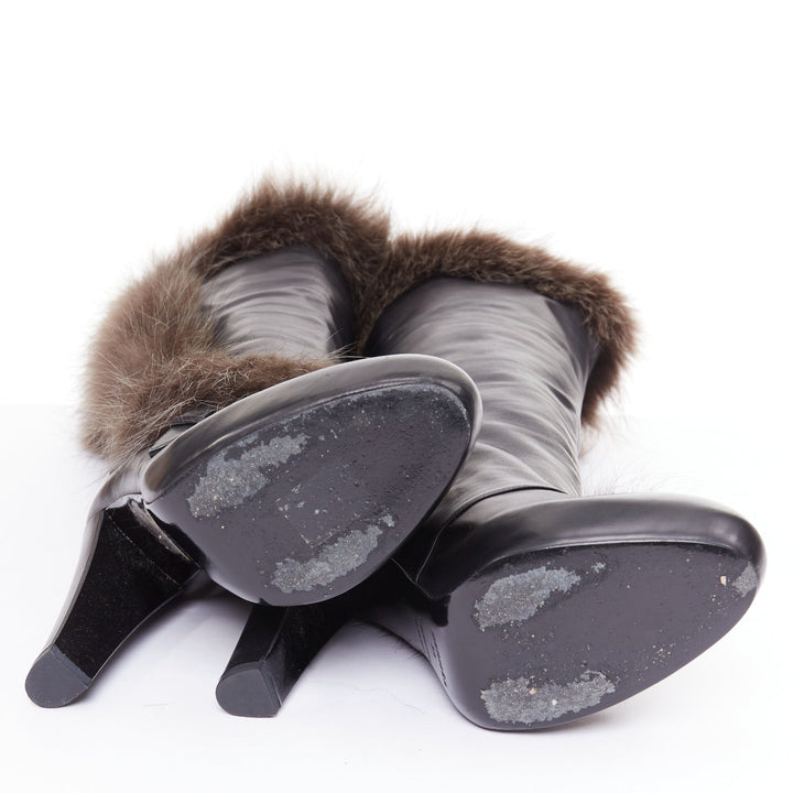 HERME 2010 Runway  black leather brown fur lined buckled block heeled boots EU39