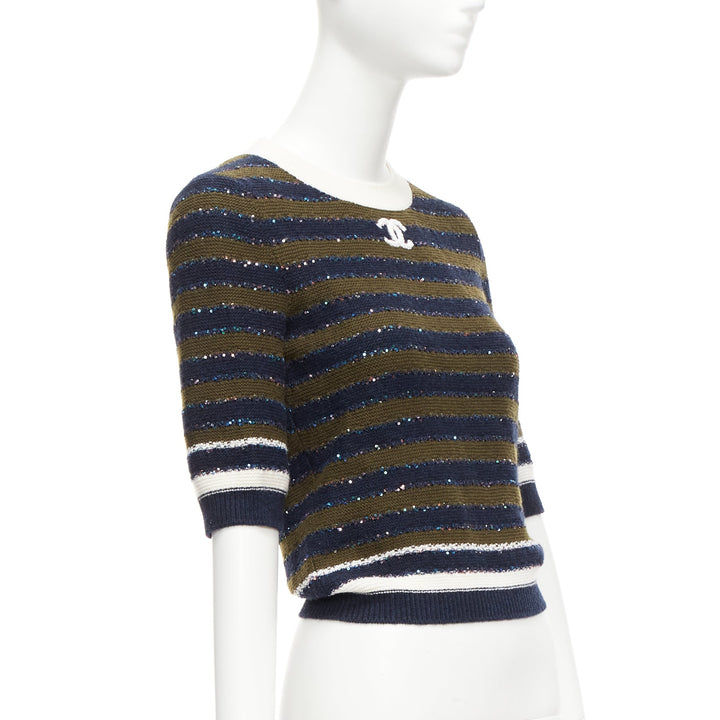CHANEL 20C navy khaki sequin cashmere blend CC logo stripe crop sweater FR34 XXS