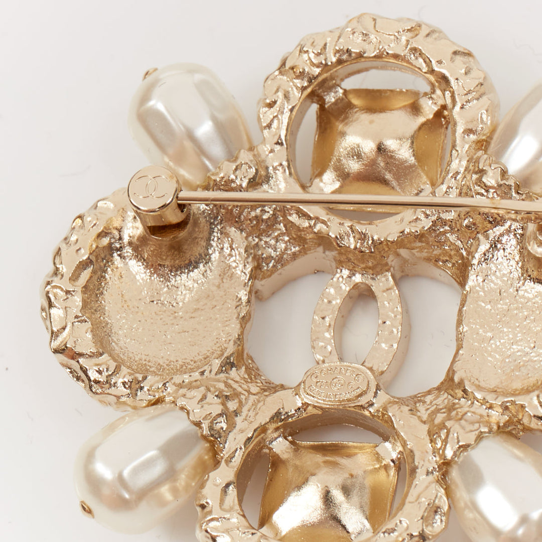 CHANEL F22C champagne gold tone CC logo crystal pearl quadrant cluster brooch