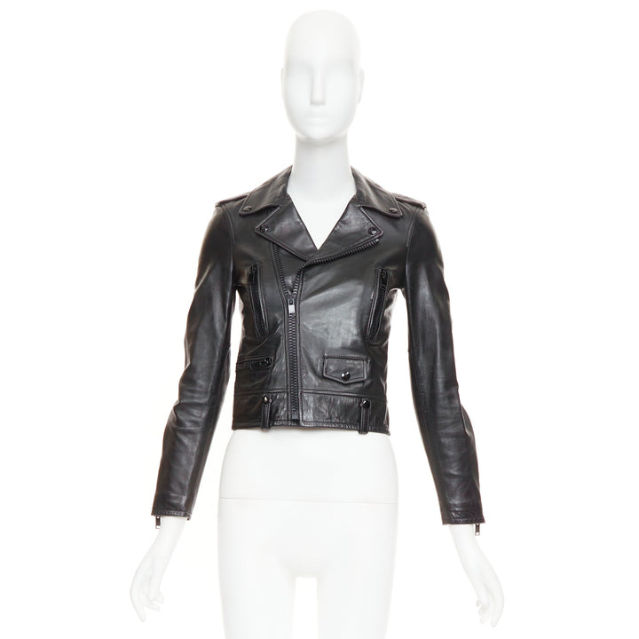 SAINT LAURENT 2015 black lambskin leather crop asymmetric biker jacket FR34 XS