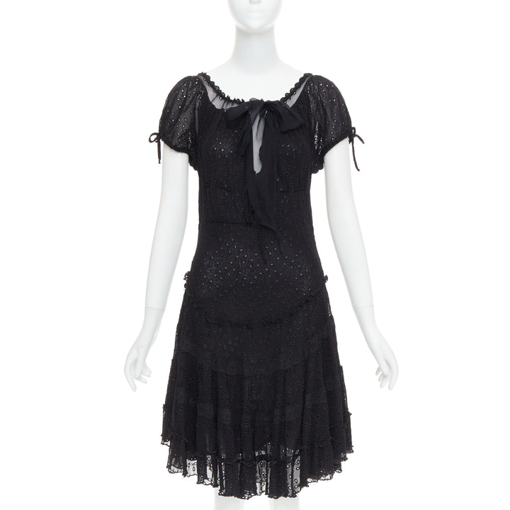 JEAN PAUL GAULTIER MAILLE FEMME Vintage black eyelet ruffle self tie dress M