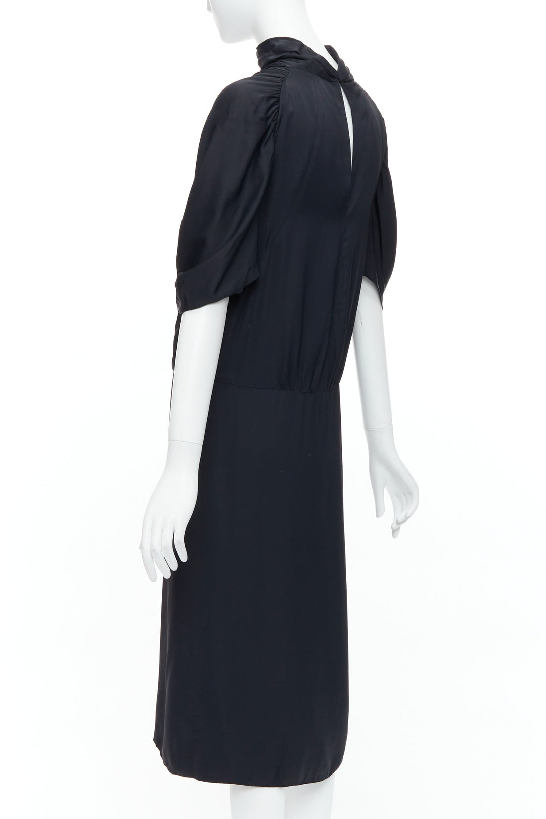 PRADA 2006 black viscose box pleat front ruched sleeves midi dress