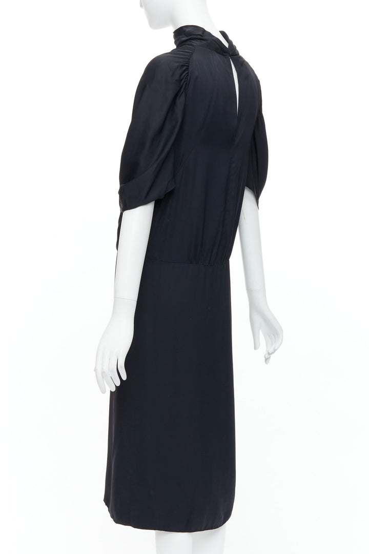 PRADA 2006 black viscose box pleat front ruched sleeves midi dress