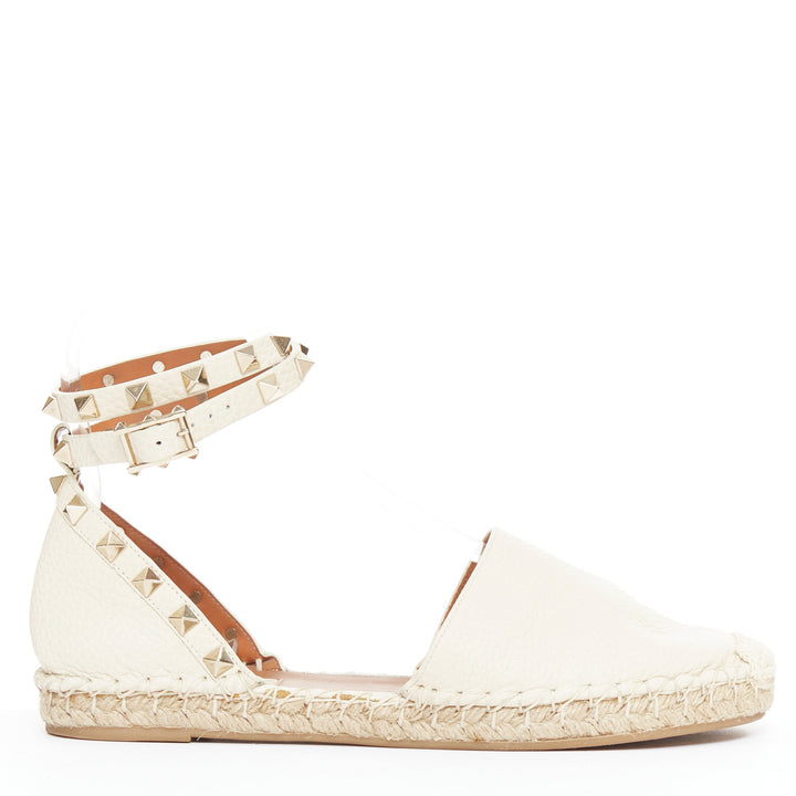 VALENTINO Rockstud cream leather gold stud double espadrille flats EU37
