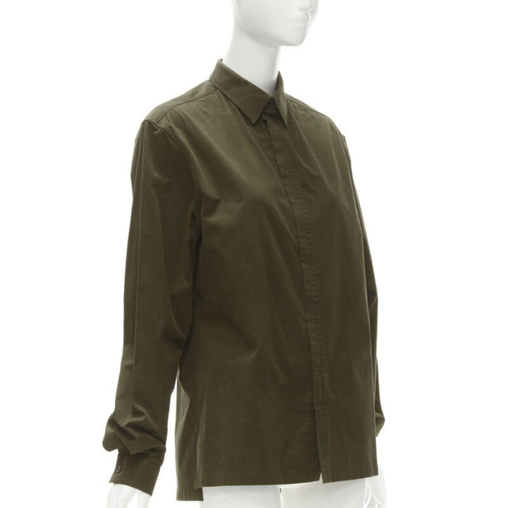 BALENCIAGA army green cotton-blend concealed zip front shirt EU38 S