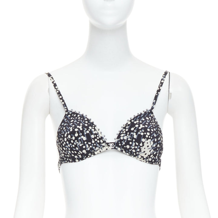 CHANEL 02A black grey CC logo faux pearl embellished padded bra