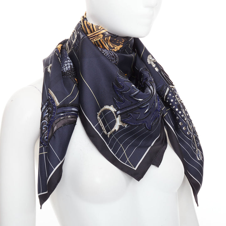 HERMES 2025 Tous en Selle embroidered scarf 90cm 100% silk applique beaded scarf