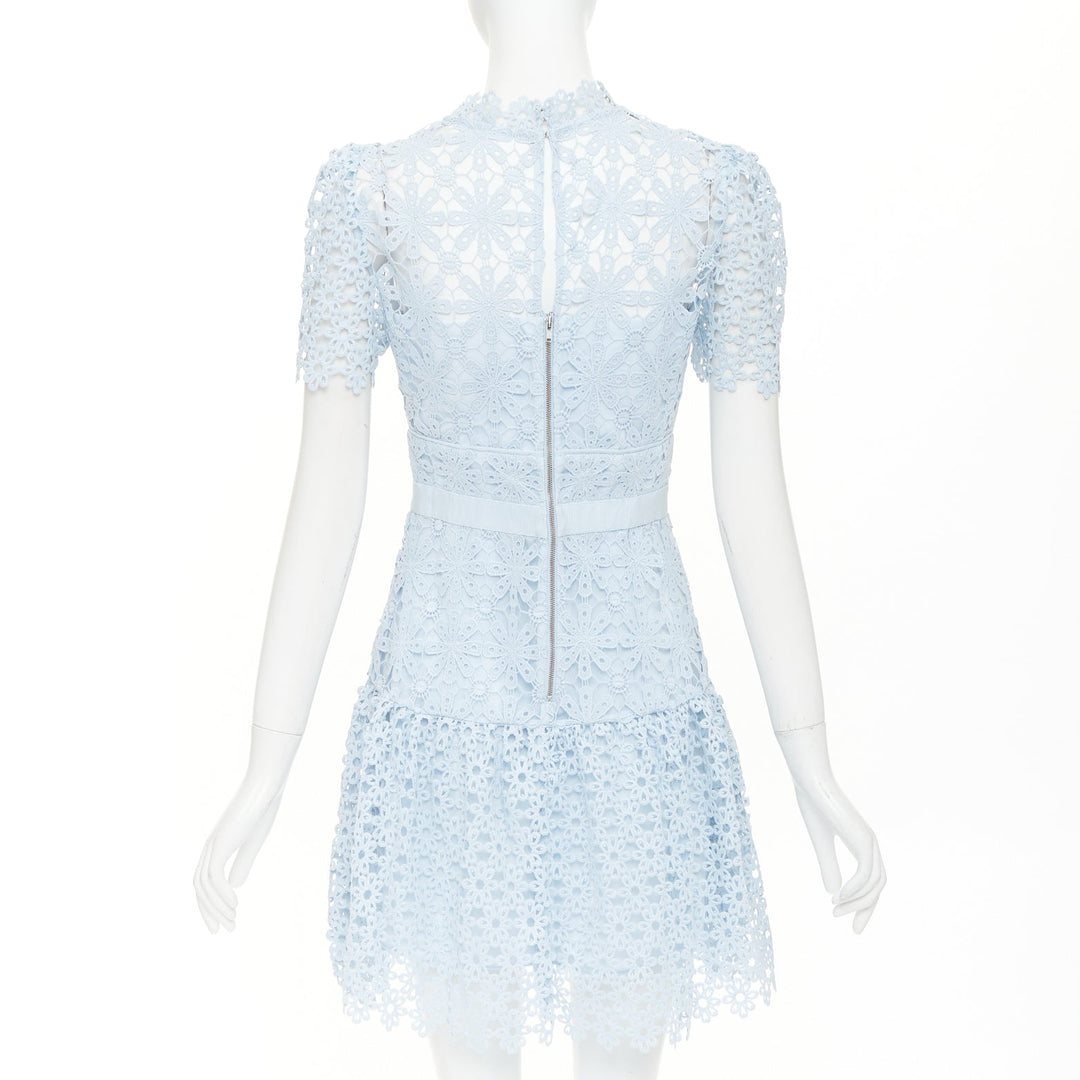 SELF PORTRAIT Geo Guipure Lace light blue grosgrain mock neck dress UK8 S
