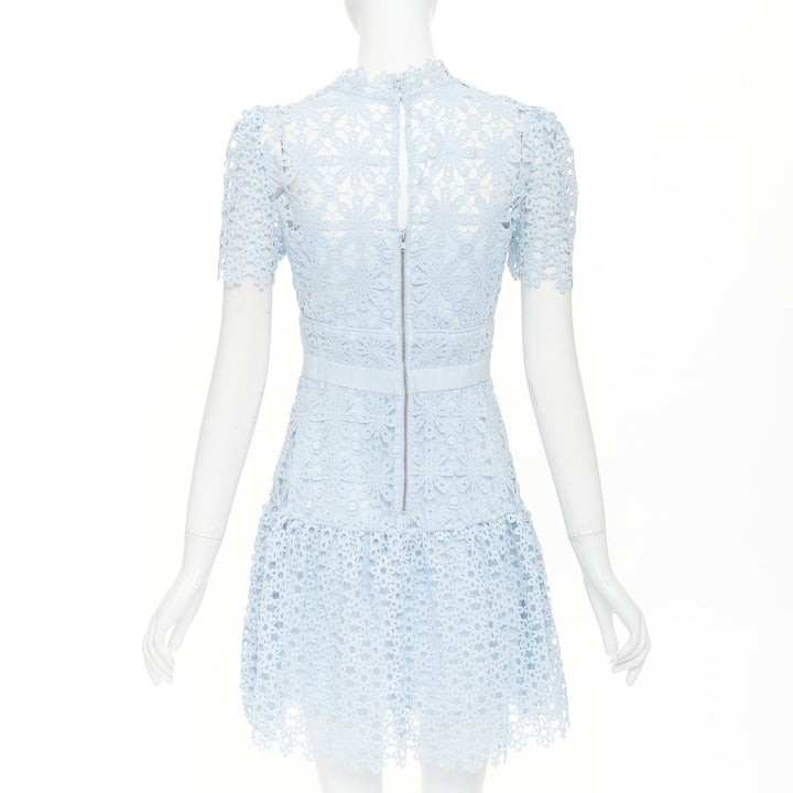 SELF PORTRAIT Geo Guipure Lace light blue grosgrain mock neck dress UK8 S