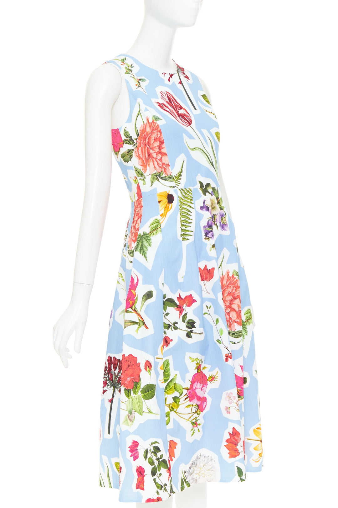 CAROLINA HERRERA light blue floral collage print sleeveless faille dress US4 S