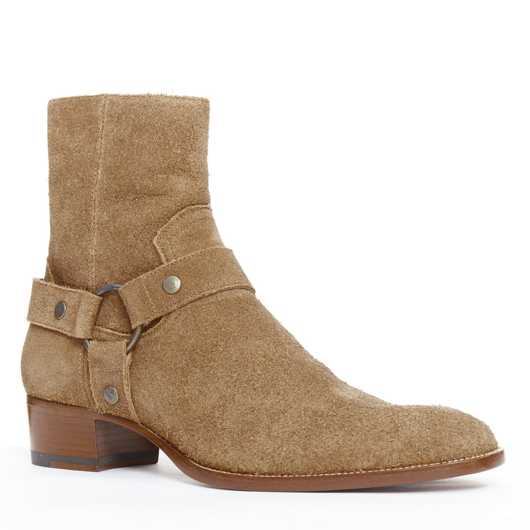 SAINT LAURENT Wyatt brown suede copper ring harness desert boots EU41