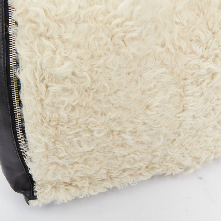 CELINE 2011 Vertical Gusset Cabas cream shearling black leather zip tote bag